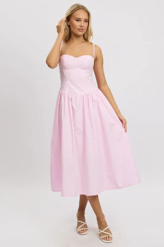 Pink Midi Dress Corset Bust A-line Midi Skirt