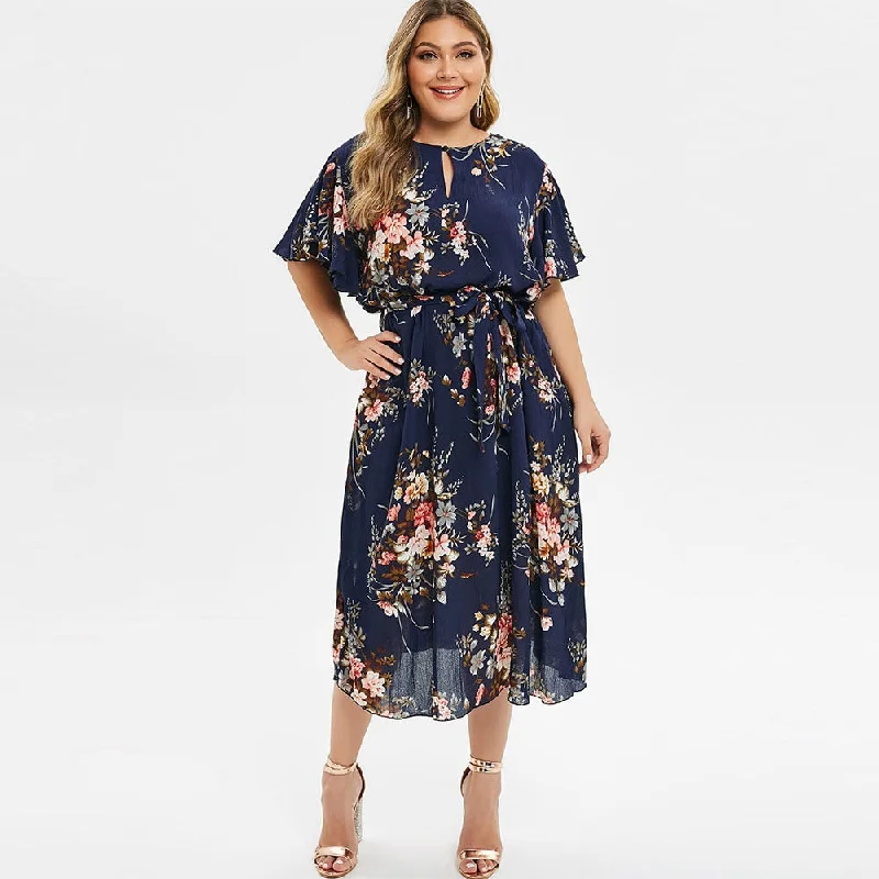 Plus Size Floral Print Bell Sleeve Midi Dress A-Line Short Sleeves Women Party Dress Bohemian Maxi Dress Holiady Vestido Midi Skirt Outfit