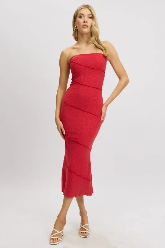 Red Bodycon Dress Midi Strapless High-Waisted Midi Skirt