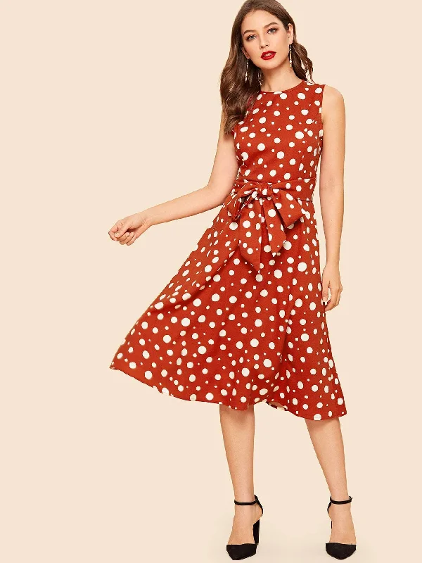 Waist Belted Polka Dot Midi Dress Pleated A-line Skirt