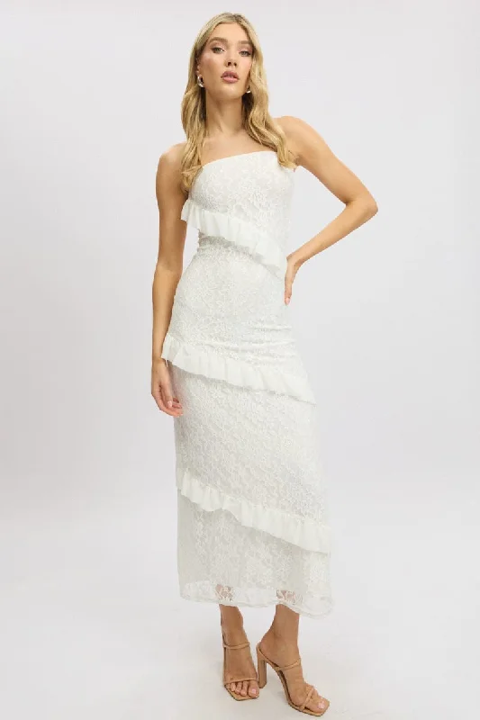 White Bodycon Dress Boob Tube Ruffle Midi Lace Boho Midi Skirt